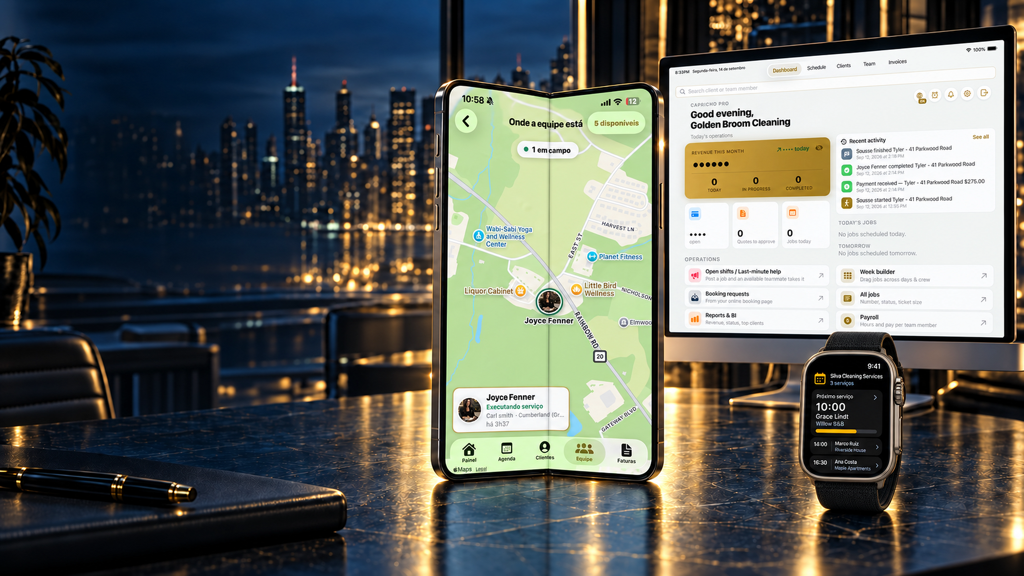 Capricho Pro no iPhone Duo, dashboard e Apple Watch